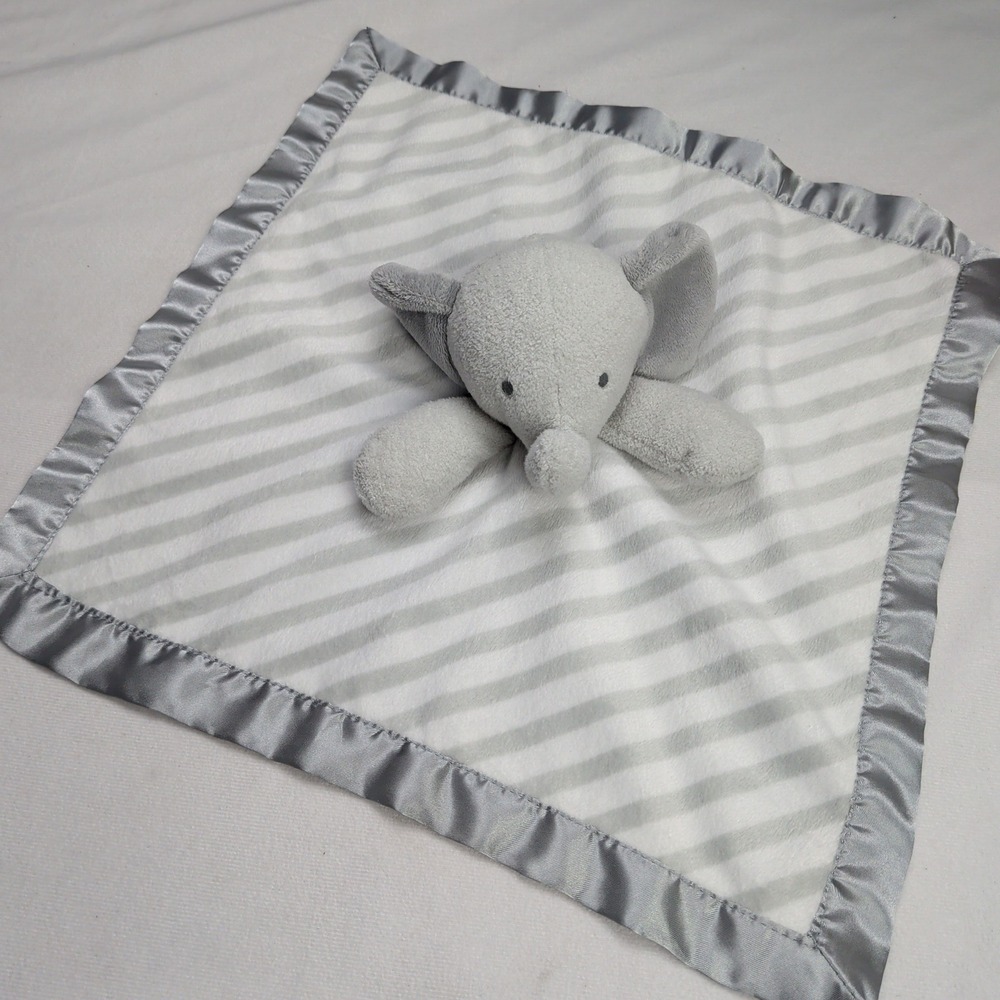 Cloud Island Grey Elephant Striped Security Blanket Lovey Satin Trim